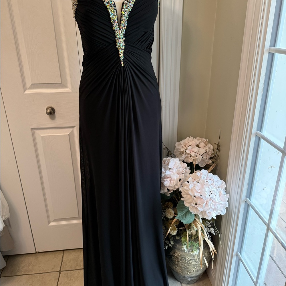La Femme Black Gown with Embellished V-Neck